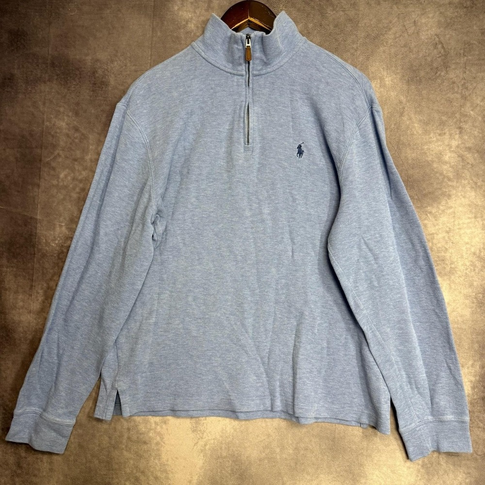 Polo Ralph Lauren Sweater Men's Medium Blue Cotton Estate Rib 1/4 Zip Mock Neck